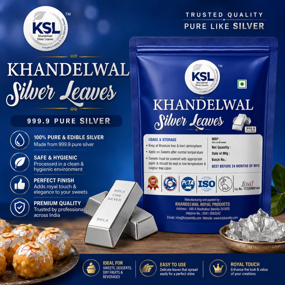 Khandelwal Silver Leaves 999.9 pure silver pouch with laddoos and silver bars