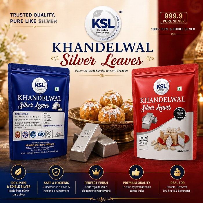 Khandelwal Silver Leaves blue and red retail packs with laddoos, kaju katli and 999.9 fine silver bars