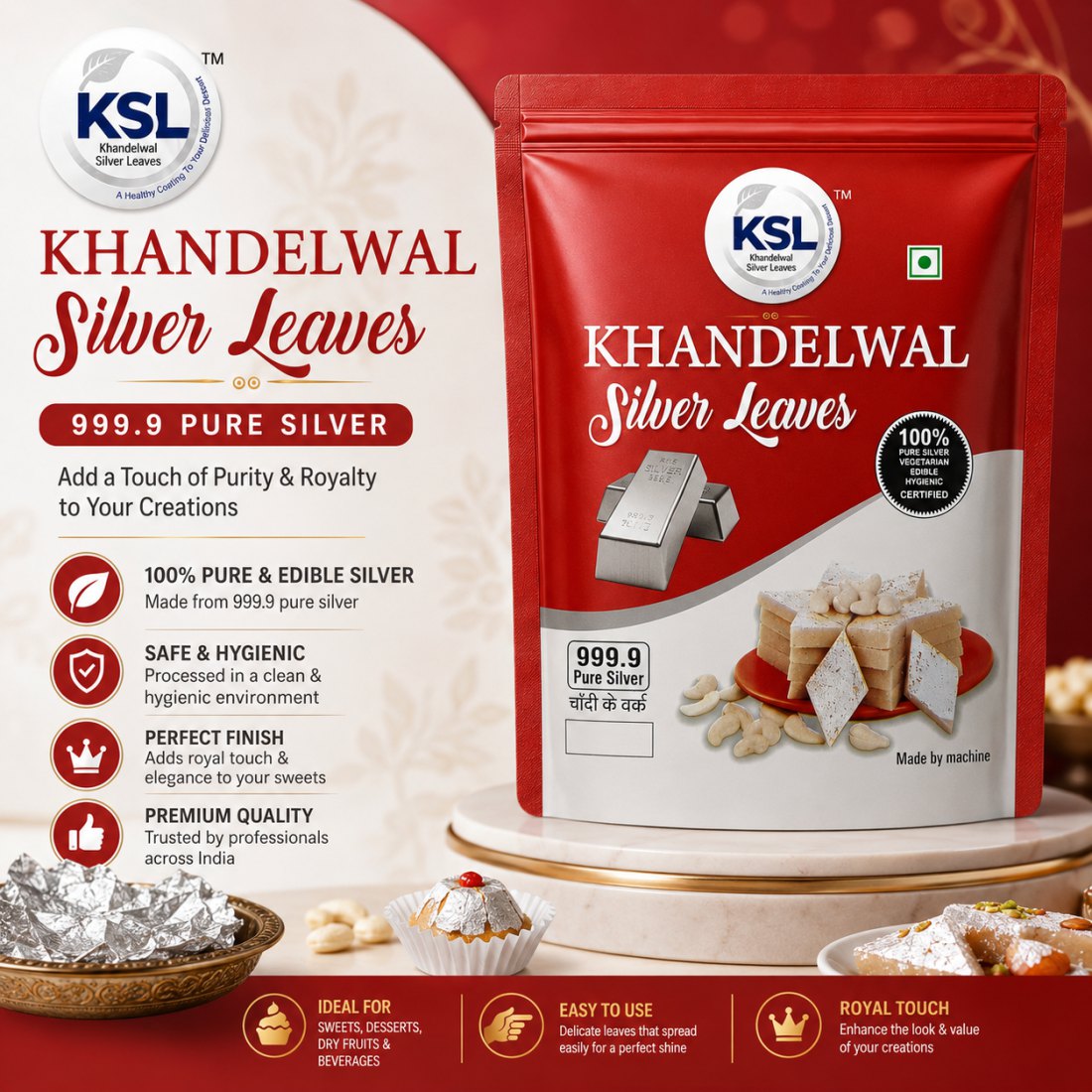 Khandelwal Silver Leaves pouch with kaju katli, silver vark and cashews